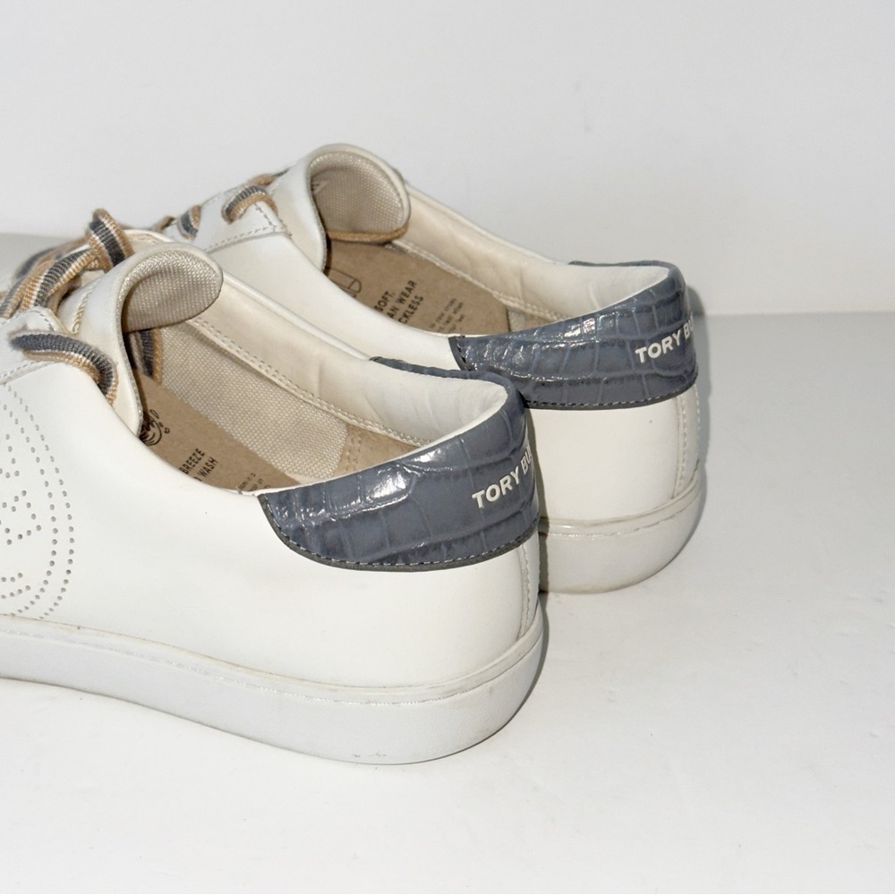 Tory Burch Leigh T-Logo Sneaker White/Gray Croc Sz 9 Athleisure Casual Everyday - Picture 7 of 14